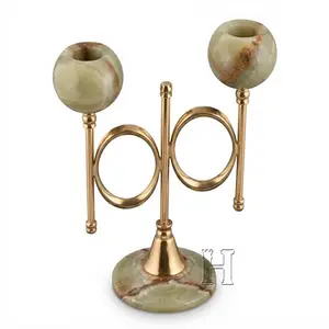Natural Green Onyx Stone Dual Branch Cygnus Candle Holder with Gold Brass Accents – Luxury 2-Light Decorative Candelabra