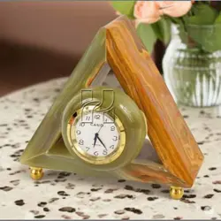 Handcrafted Triangular Green Onyx Clock with Brass Stand | Elegant Home or Office Decor