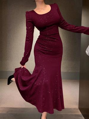 Shein DAZY Round Neck Sequin Fishtail Mid-Length Burgundy Party Dress