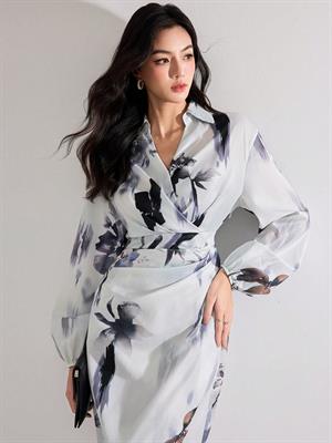 Shein Heiryn Women's Fall Elegant Floral Print Lantern Sleeve Long Dress