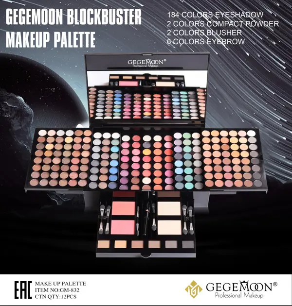 GEGEMOON Blockbuster Makeup Palette – 184 Eyeshadow Colors, Blusher, Compact Powder & Eyebrow Kit