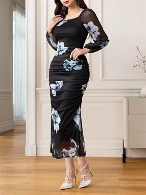 SHEIN Modely Women's Floral Print Elegant Square Neck Tie Waist Midi Dress