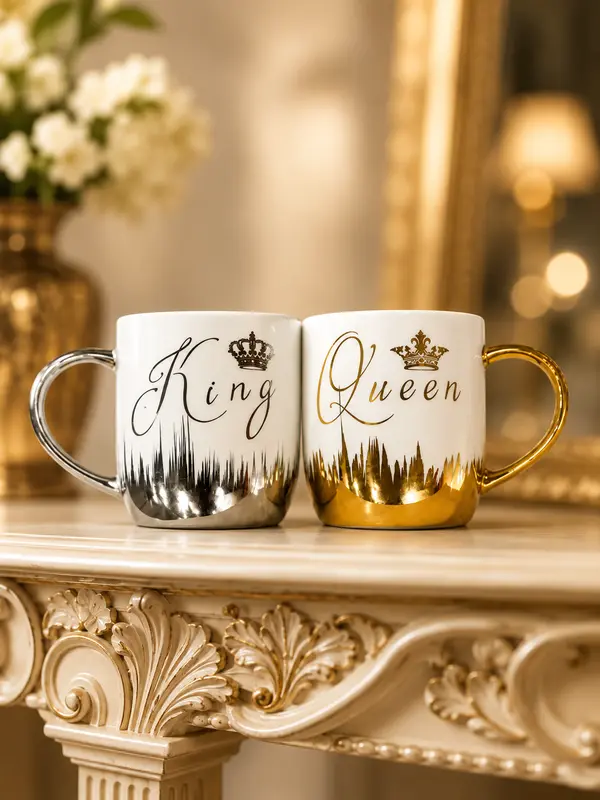 Stylish King & Queen Ceramic Mug Duo