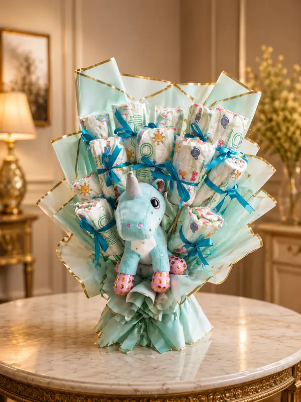 Teal Unicorn Diaper Bouquet