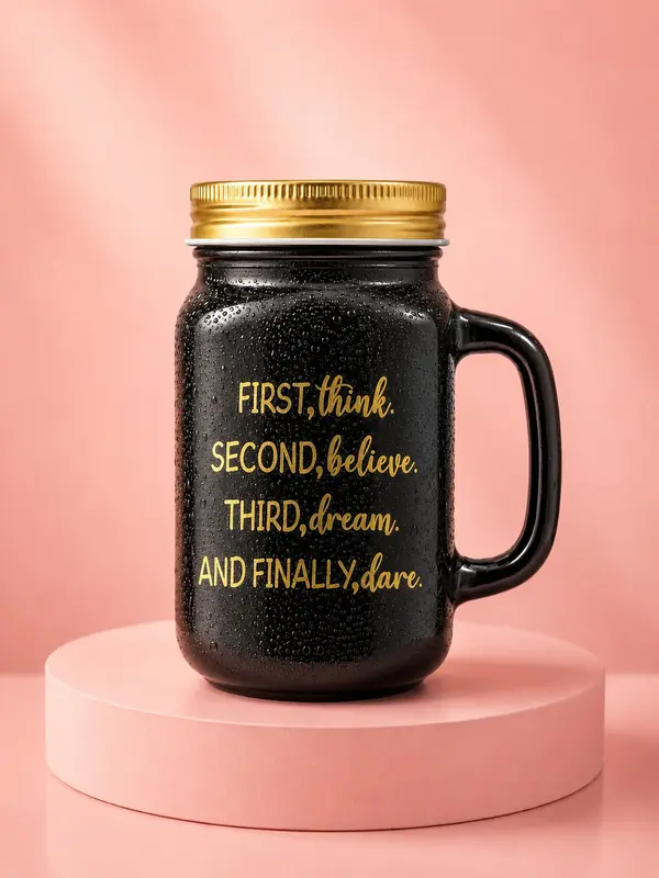 Black Ceramic Mason Jar With Handle & Gold Lid