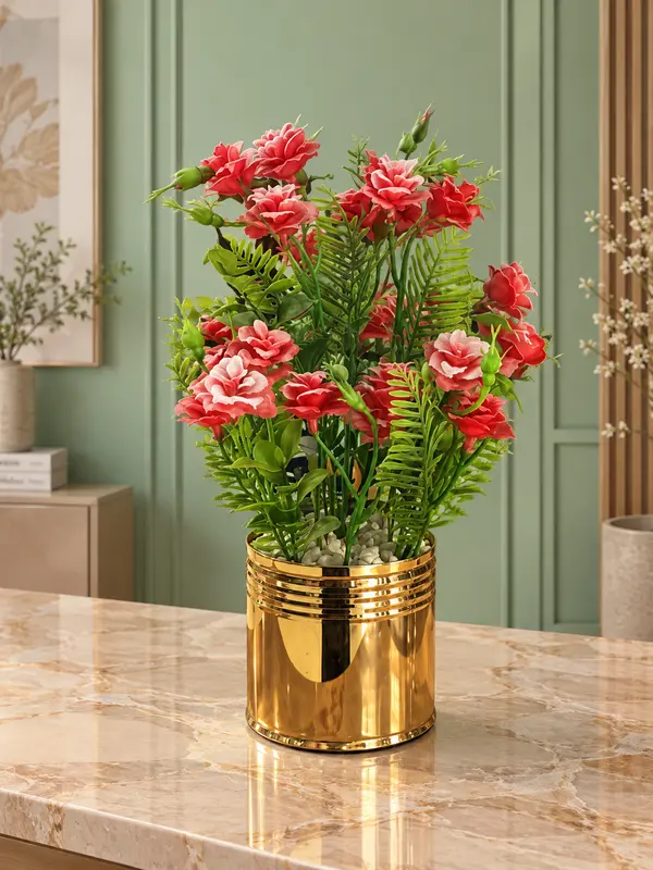Artificial Pink Carnation Gold Pot