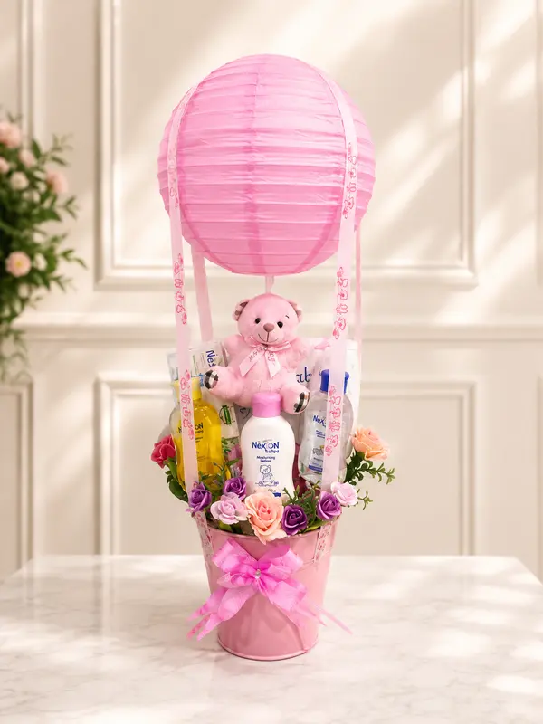 Newborn Baby Welcome Pink Hot Air Balloon Gift Hamper