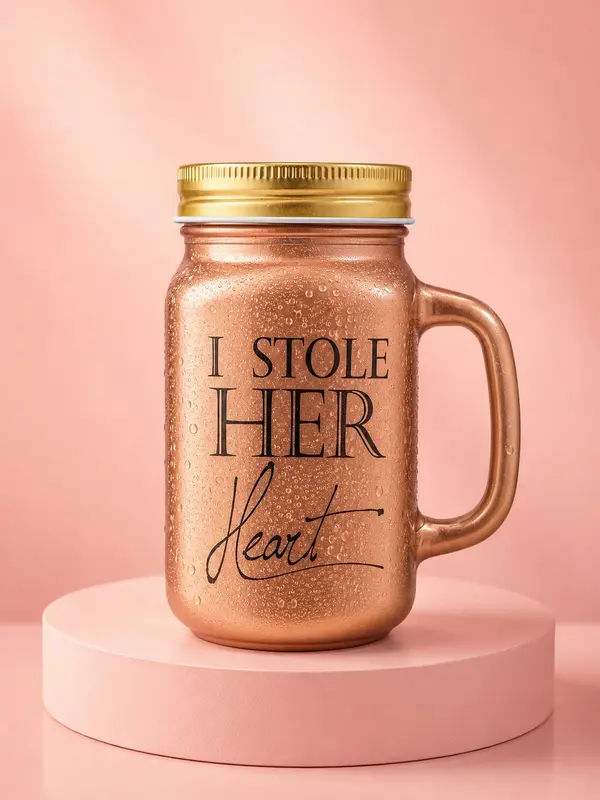Rose Gold Ceramic Mason Jar With Handle & Gold Lid