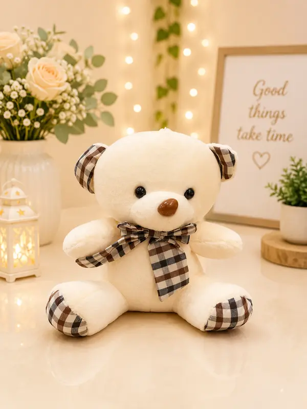 Soft Plush Bear with Checkered Patches