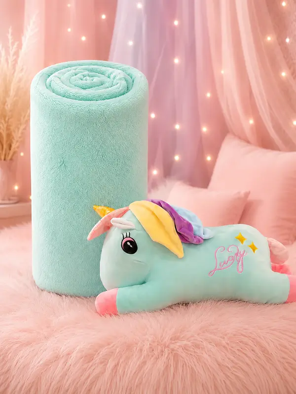 Decorative Unicorn Plush With Cozy Mint Blanket