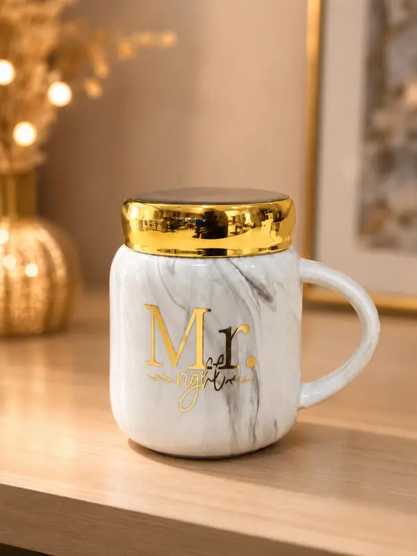 "Mr. Right" Ceramic Cup with Metallic Gold Cover