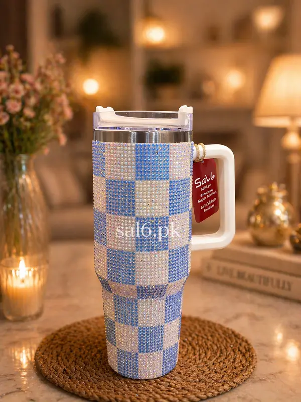 Sparkling Blue & White Checkerboard Bling Drinkware