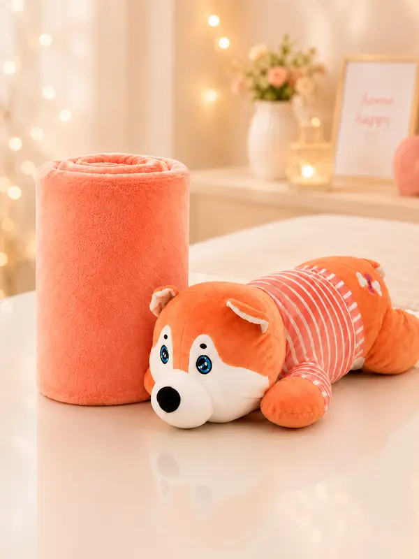 Orange Striped Dog Plush with Matching Blanket