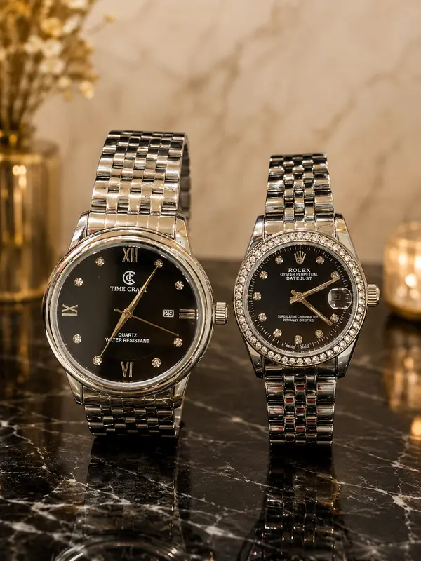 Luxury Silver Couple Watch Set - Black Dial Premium