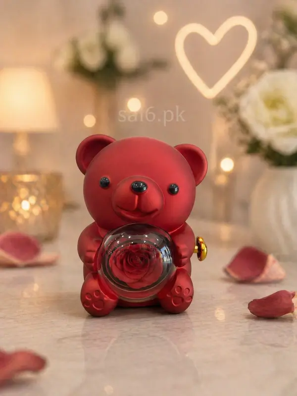 Red Bear with Glass Rose