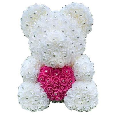 Real White Rose Bear with Pink Heart