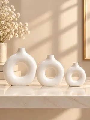 Modern White Donut Vase Trio