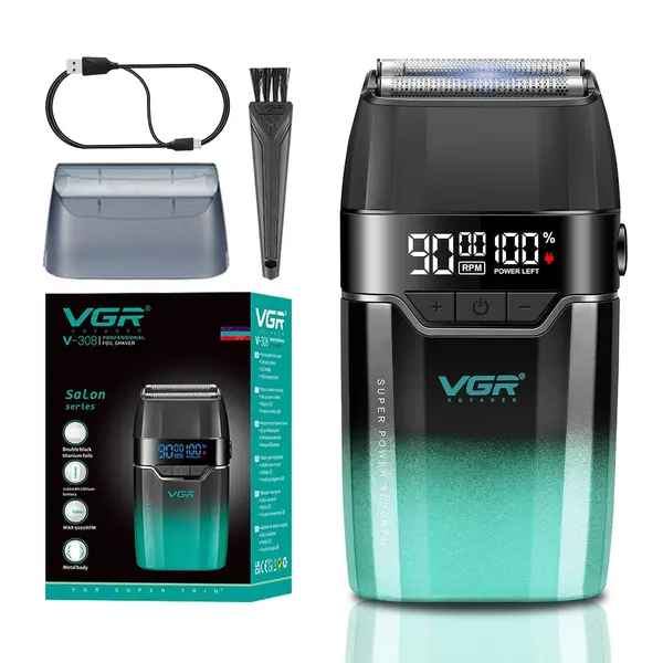 VGR V-308 Professional Double Foil Shaver 9000RPM Cordless Head Shaver with Titanium Foils, LED Display