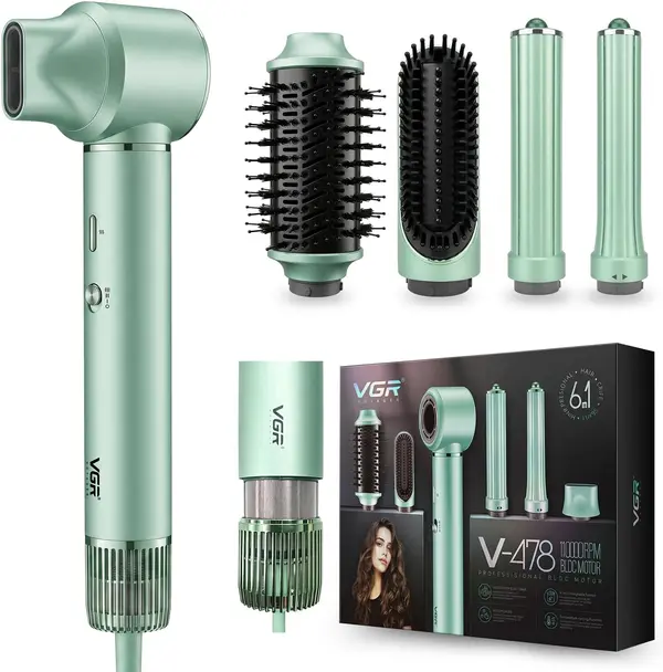 VGR V-478 1300W 6 in 1 Hair Styler and Round Brush, 3 Speeds and 4 Temperature Levels, Curling Iron with Removable Back
