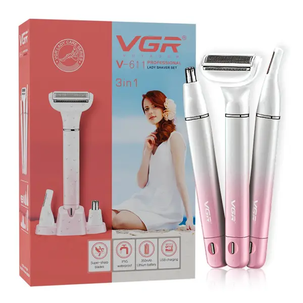 VGR Bikini Trimmer for Women | Safe & Gentle Grooming for Bikini, Underarm, Face & Body | Eyebrow & Nose Trimmer Attachments | IPX5 Waterproof | 60min Runtime V-611