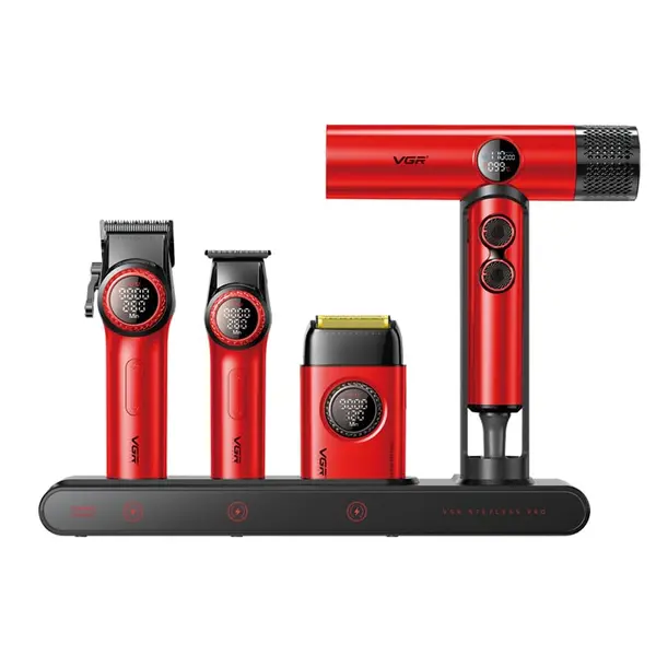 VGR Mr. SUPER POWER Stepless Pro 4-in-1 Barber Set | Professional Hair Clipper, Trimmer, Shaver & Hair Dryer | 21-Speed Levels, Magnetic Attachments with LED Display & Charging Station