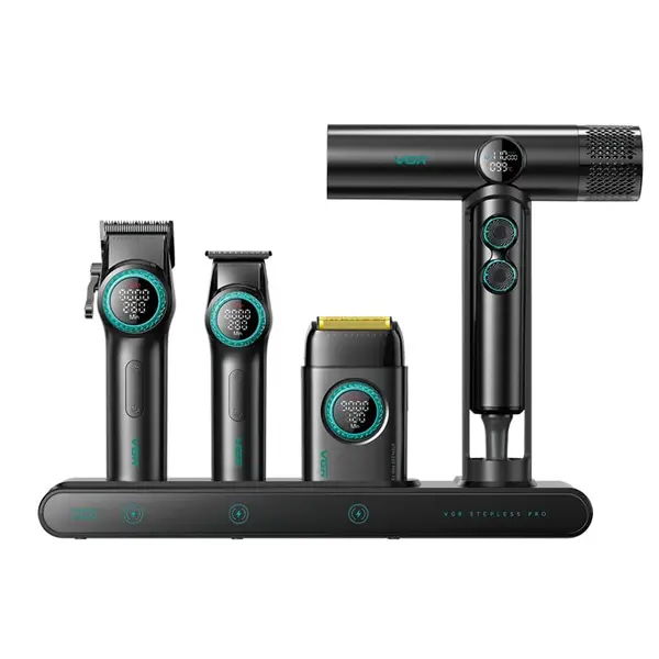 VGR Mr. SUPER POWER Stepless Pro 4-in-1 Barber Set | Professional Hair Clipper, Trimmer, Shaver & Hair Dryer | 21-Speed Levels, Magnetic Attachments with LED Display & Charging Station