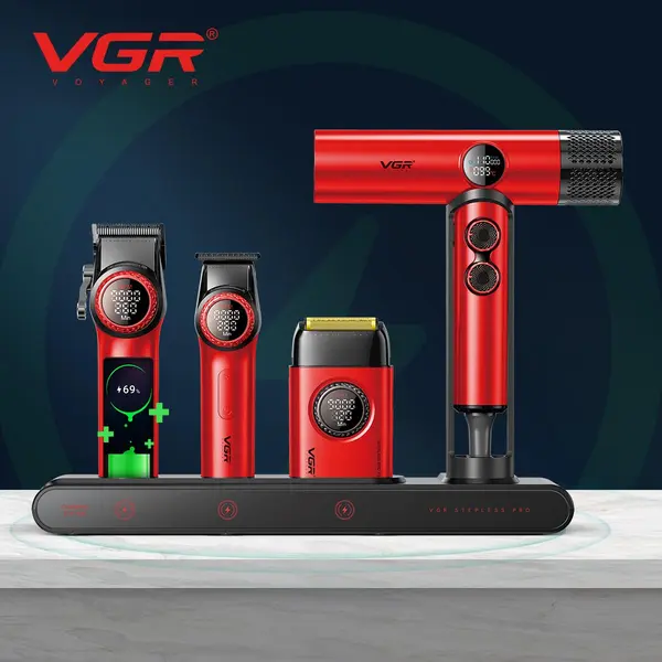 VGR Mr. SUPER POWER Stepless Pro 4-in-1 Barber Set | Professional Hair Clipper, Trimmer, Shaver & Hair Dryer | 21-Speed Levels, Magnetic Attachments with LED Display & Charging Station