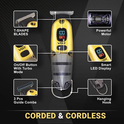 VGR V-981 Corded & Cordless Professional Hair Trimmer for Men – 150 min Runtime with LED Display