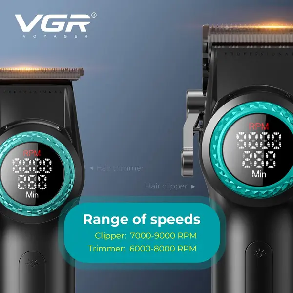 VGR Mr. SUPER POWER Stepless Pro 4-in-1 Barber Set | Professional Hair Clipper, Trimmer, Shaver & Hair Dryer | 21-Speed Levels, Magnetic Attachments with LED Display & Charging Station