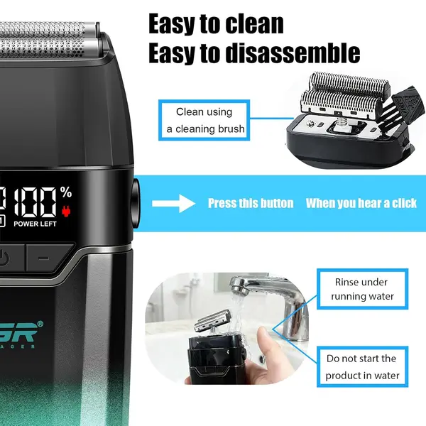 VGR V-308 Professional Double Foil Shaver 9000RPM Cordless Head Shaver with Titanium Foils, LED Display
