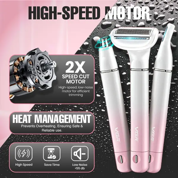 VGR Bikini Trimmer for Women | Safe & Gentle Grooming for Bikini, Underarm, Face & Body | Eyebrow & Nose Trimmer Attachments | IPX5 Waterproof | 60min Runtime V-611