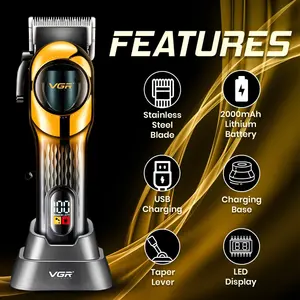 VGR V-166 Professional Hair Clipper with Stainless Steel Blades, 200 min Runtime, 2000mAh Lithium Battery, Taper Lever & Type-C USB Cable