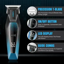 VGR V-253 Professional Hair Trimmer – Precision T-Blade, 90 Min Runtime, LED Display, USB Charging, 5 Guide Combs (Blue)