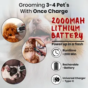 VGR V-201 Professional Pet Clipper - Turbo Function, LED Display, Ceramic & Stainless Steel Blades, 2000mAh Battery