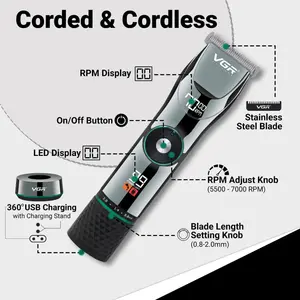 VGR V-256 Professional Hair Clipper, Salon Trimmer for men, 2 Digital Display