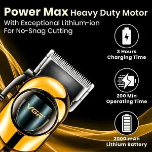 VGR V-166 Professional Hair Clipper with Stainless Steel Blades, 200 min Runtime, 2000mAh Lithium Battery, Taper Lever & Type-C USB Cable