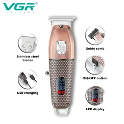 VGR V-976 Professional Cordless Hair Clipper & Beard Trimmer – 6500 RPM, 150 Min Runtime, Digital Display, Stainless Steel Blade, USB Charging, 4 Combs (Copper)