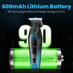VGR V-253 Professional Hair Trimmer – Precision T-Blade, 90 Min Runtime, LED Display, USB Charging, 5 Guide Combs (Blue)