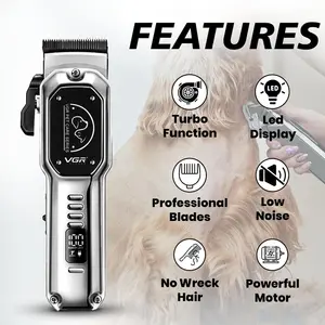 VGR V-201 Professional Pet Clipper - Turbo Function, LED Display, Ceramic & Stainless Steel Blades, 2000mAh Battery