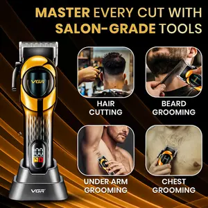 VGR V-166 Professional Hair Clipper with Stainless Steel Blades, 200 min Runtime, 2000mAh Lithium Battery, Taper Lever & Type-C USB Cable