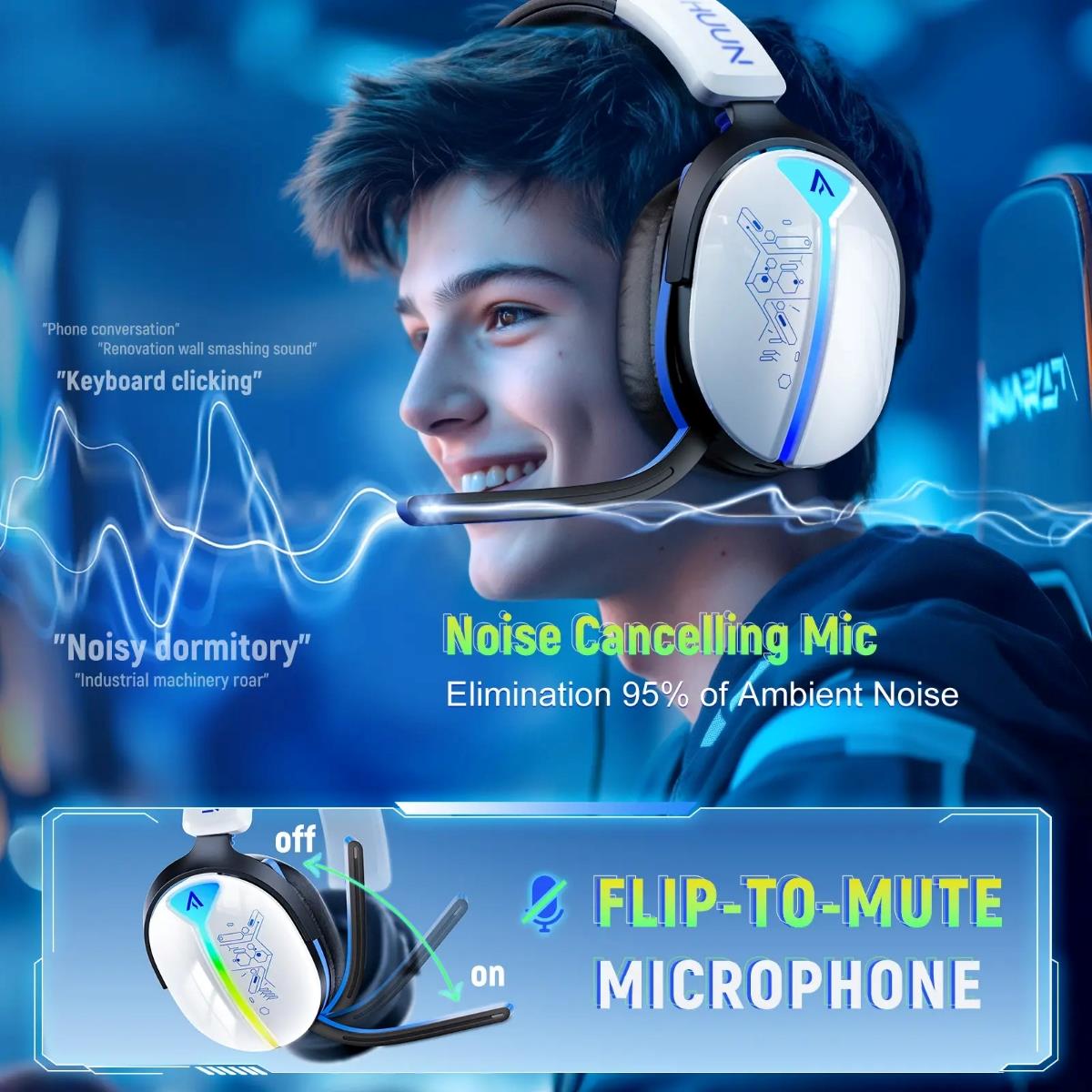 Bahuun G6000 Wireless Gaming Headset – RGB, Noise Cancelling Mic, 40H Battery
