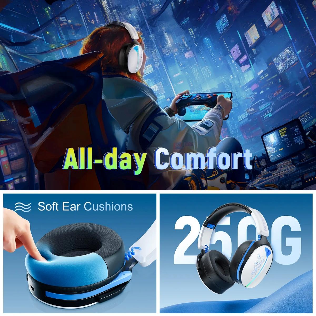Bahuun G6000 Wireless Gaming Headset – RGB, Noise Cancelling Mic, 40H Battery