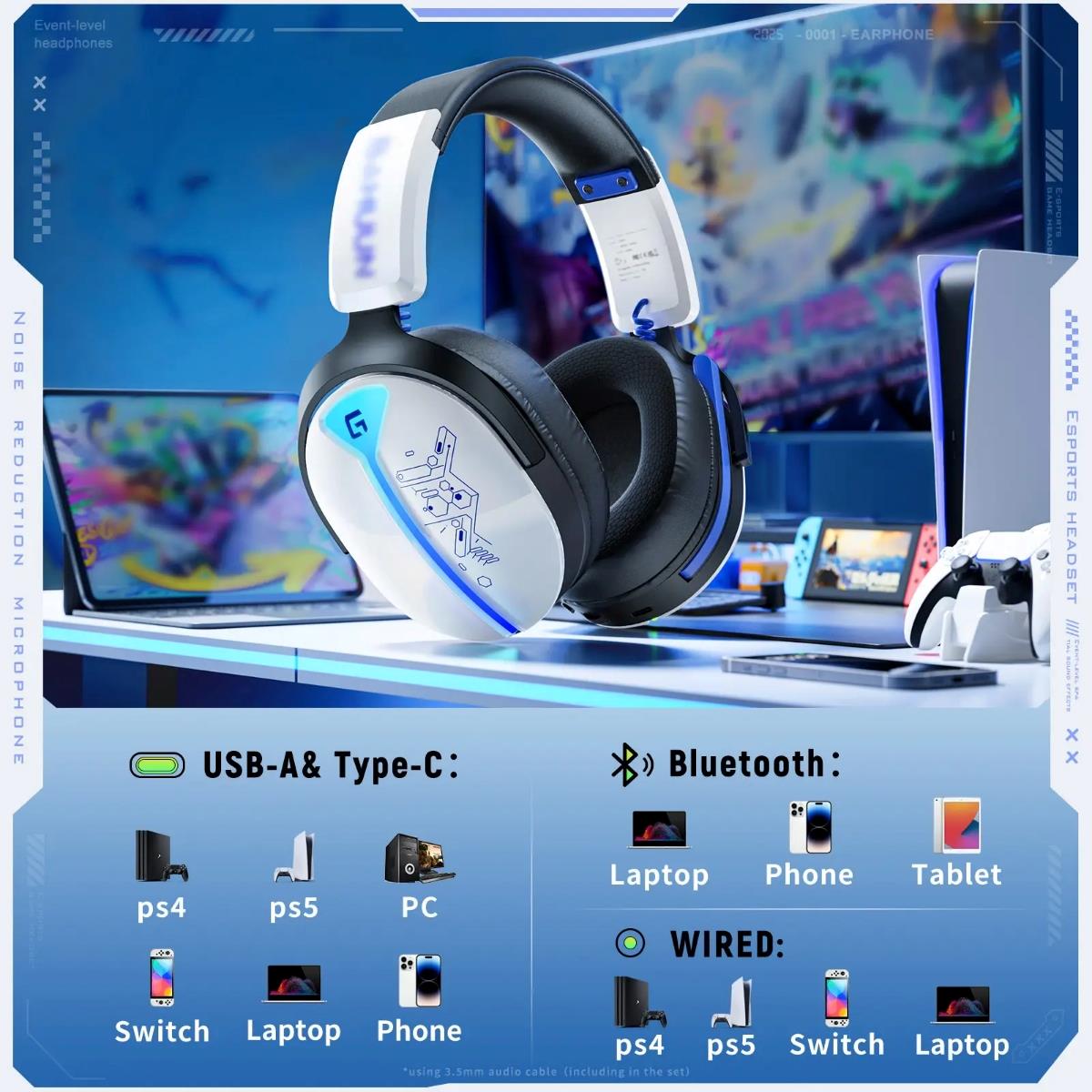 Bahuun g6000 wireless gaming headset - 40 Hours long battery - premium design - Tri mode