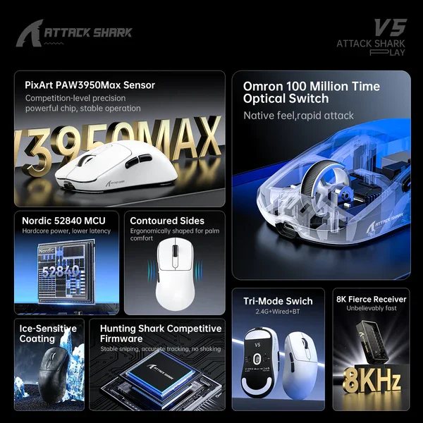 Attack Shark V5 Ultra-Light Tri-Mode Gaming Mouse (Black)