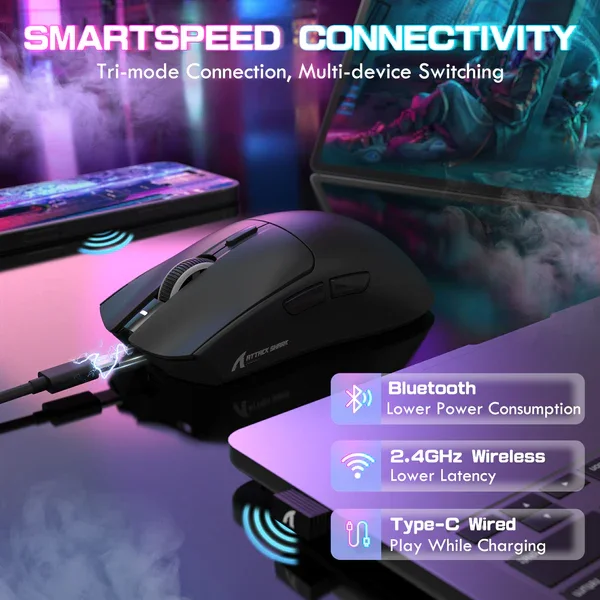 Attack Shark X1 | Wireless Gaming Mouse | Touchpad RGB Dock | PAW3395 Sensor | Tri-Mode - Black with grip tape