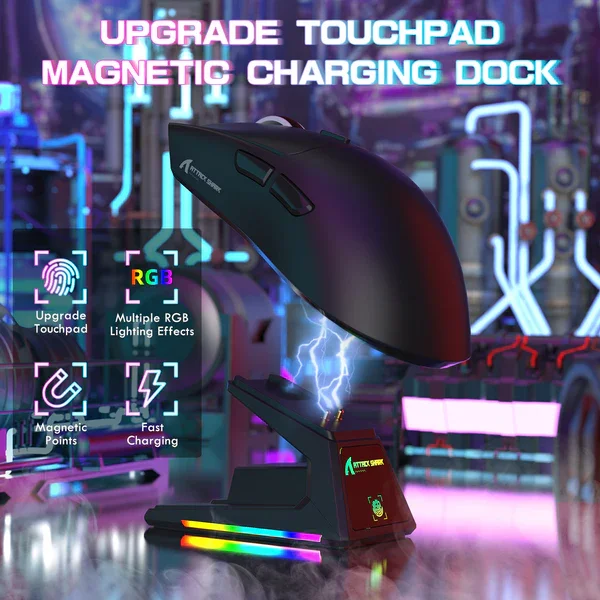 Attack Shark X1 | Wireless Gaming Mouse | Touchpad RGB Dock | PAW3395 Sensor | Tri-Mode - Black with grip tape