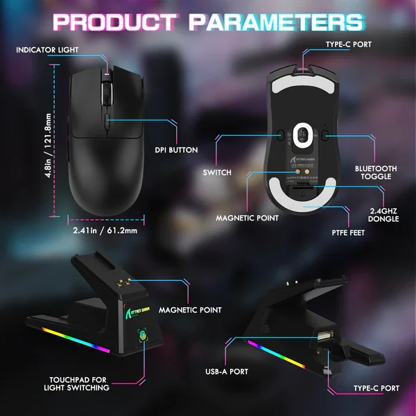 Attack Shark X1 | Wireless Gaming Mouse | Touchpad RGB Dock | PAW3395 Sensor | Tri-Mode - Black with grip tape