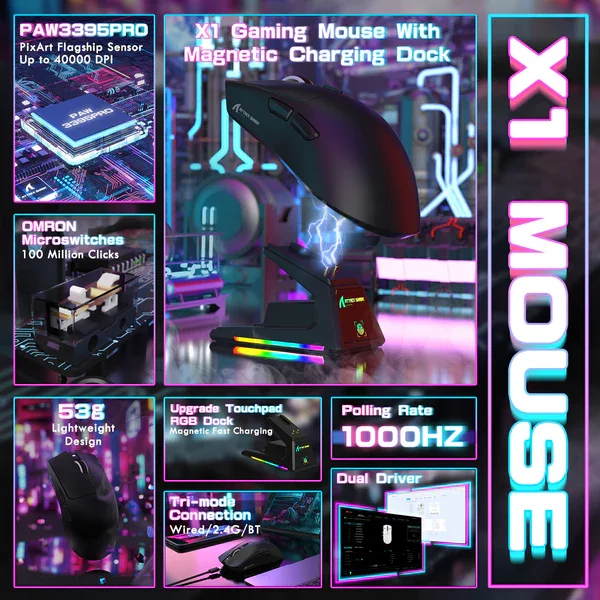 Attack Shark X1 | Wireless Gaming Mouse | Touchpad RGB Dock | PAW3395 Sensor | Tri-Mode - Black with grip tape