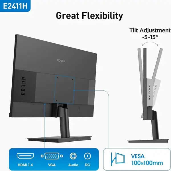  KOORUI E2411H 24" FHD IPS 120Hz, AMD FreeSync Premium Technology, Eye-care flicker-free, low blue, 99% sRGB, HDMI1.4+VGA