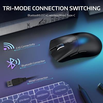 Attack Shark R1 Wireless Gaming Mouse, Tri-Mode Connection (2.4G/Wired/BT5.2), 55g Lightweight, 18K DPI Optical Sensor, HUYU 20 Million Key Life, Ergonomic Design, for PC/Laptop/Win/Mac - Black